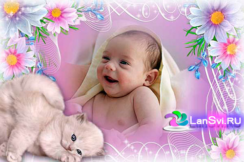 Рамка для новорожденной девочки с цветами и котёнком