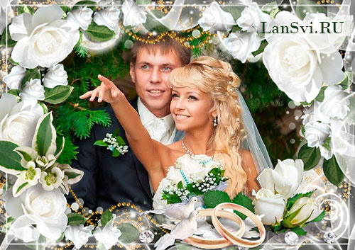 Свадебная рамка онлайн с белыми розами 